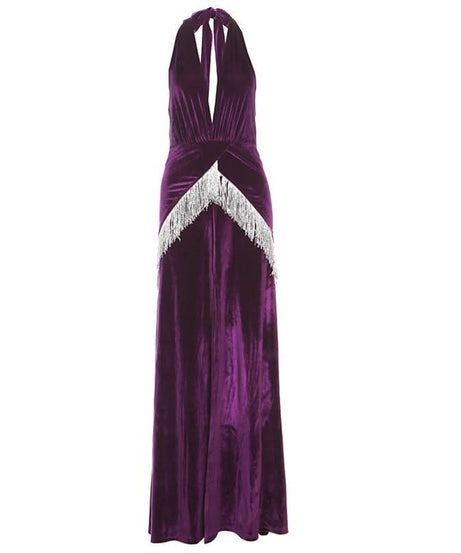 Showstopping Regal Purple Velvet Halter Maxi Dress with Dazzling Fringe | Holiday & New Year's Eve Gala Gown