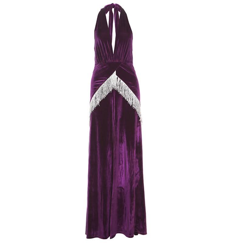 Showstopping Regal Purple Velvet Halter Maxi Dress with Dazzling Fringe | Holiday & New Year's Eve Gala Gown