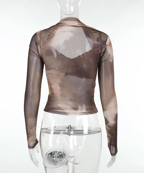 Autumn Edge Tie-Dye Mesh Wrap Top - Chic Long Sleeve Sheer Style