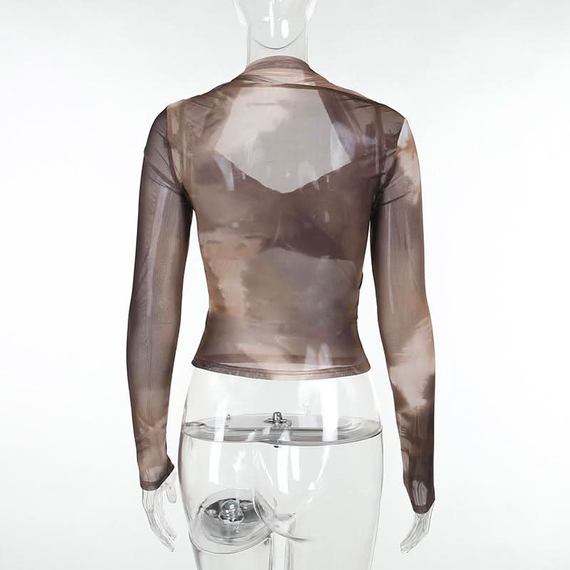 Autumn Edge Tie-Dye Mesh Wrap Top - Chic Long Sleeve Sheer Style