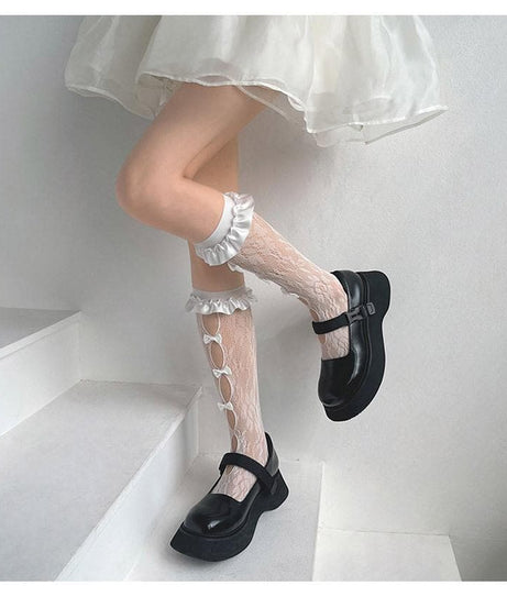Spooky Chic Black Lace Bow Ruffle Knee-High Socks - Elevate Your Fall & Halloween Style!