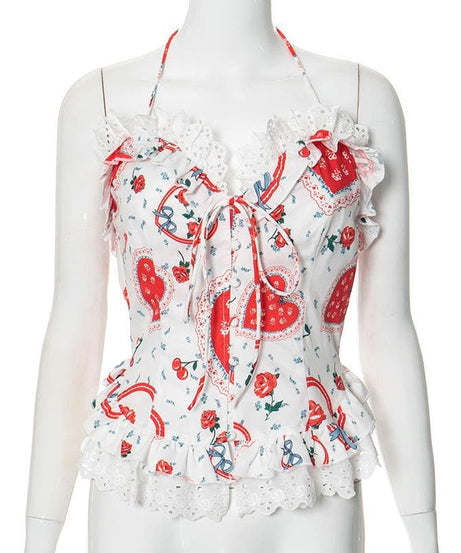 Darling Sweetheart Halter Top | Vintage Heart, Rose & Lace Ruffle Blouse