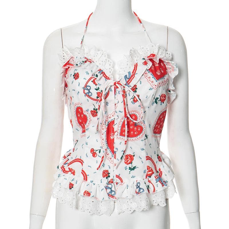 Darling Sweetheart Halter Top | Vintage Heart, Rose & Lace Ruffle Blouse