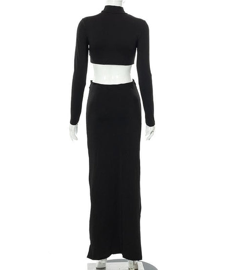 Sleek White Mock Neck Crop Top & Ruched Maxi Skirt Set - Chic Fall & Holiday Essential