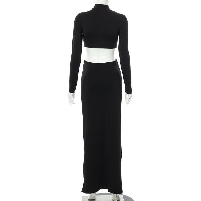 Sleek White Mock Neck Crop Top & Ruched Maxi Skirt Set - Chic Fall & Holiday Essential
