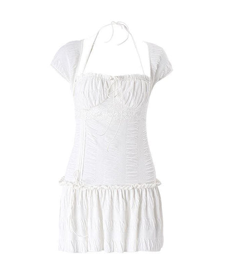 Dreamy White Ruched Mini Dress | Halter Neck Textured Resort & Vacation Essential