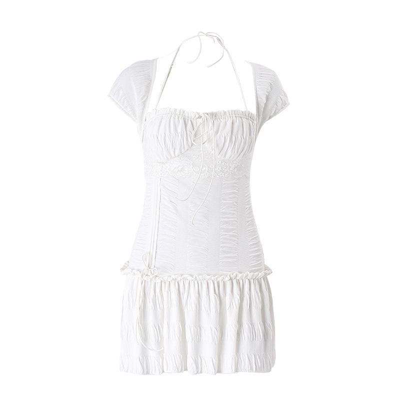 Dreamy White Ruched Mini Dress | Halter Neck Textured Resort & Vacation Essential
