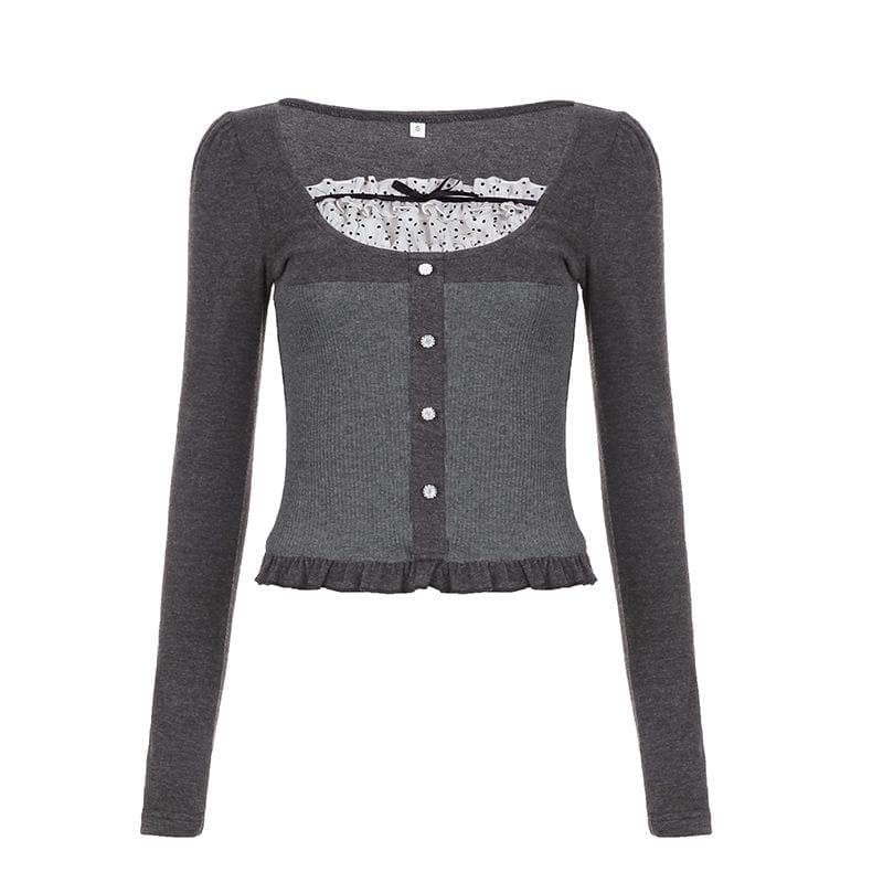 Autumn Chic Y2K Ribbed Ruffle Patchwork Long Sleeve Top