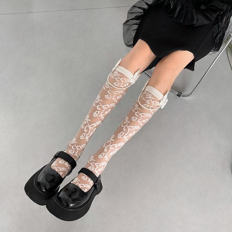 Whimsigoth Luxe Pearl Chain Sheer Knee-High Socks - Fall & Halloween Ready