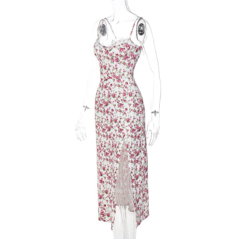 Romantic White Floral Lace Trim Cami Midi Dress with High Slit - Chic Autumn Events & Vacation Style