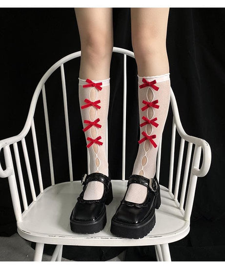 Gothic Glam Black Bow Knee-High Socks | Alt-Fashion Hosiery for Fall & Halloween