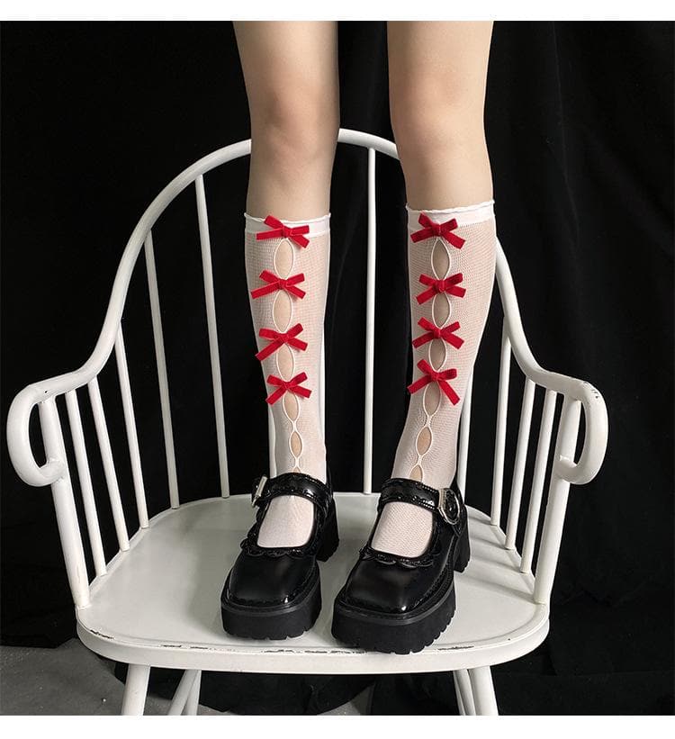 Gothic Glam Black Bow Knee-High Socks | Alt-Fashion Hosiery for Fall & Halloween