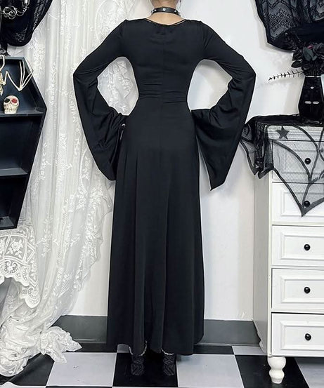 Enchanted Bell Sleeve Black Maxi Dress | Gothic V-Neck Embroidery for Fall & Halloween