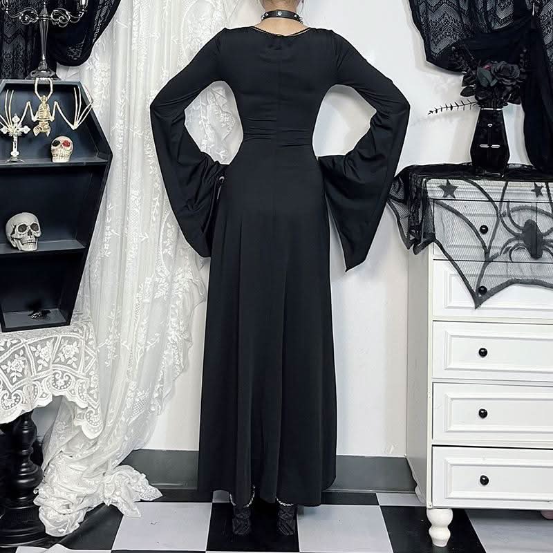 Enchanted Bell Sleeve Black Maxi Dress | Gothic V-Neck Embroidery for Fall & Halloween