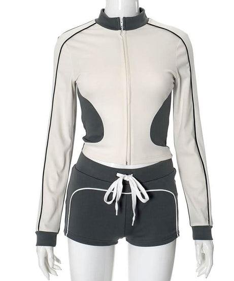 Chic Fall Athleisure Set: Women's Full-Zip Crop Jacket & Drawstring Shorts - Cozy Autumn Comfort