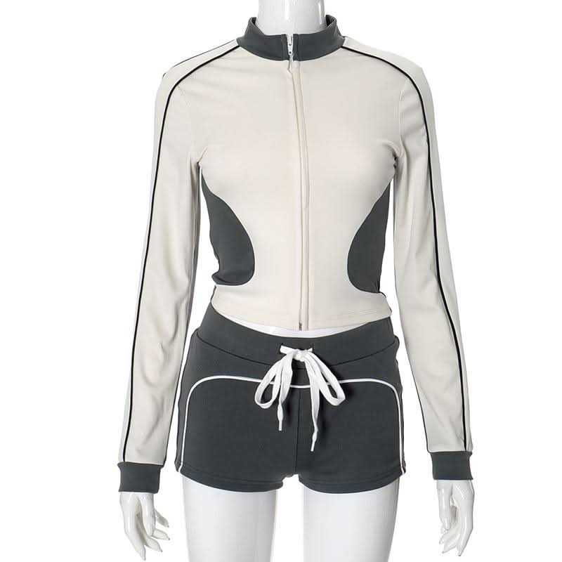 Chic Fall Athleisure Set: Women's Full-Zip Crop Jacket & Drawstring Shorts - Cozy Autumn Comfort
