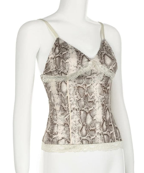 Effortless Chic: Snake Print V-Neck Lace Trim Cami Top - Fall Style Essential