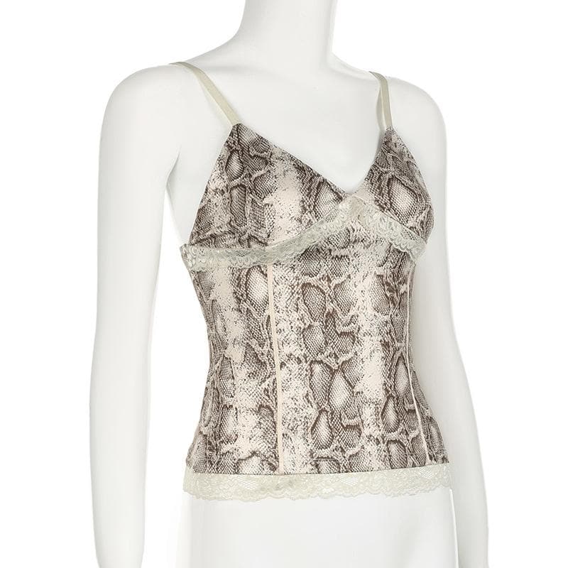 Effortless Chic: Snake Print V-Neck Lace Trim Cami Top - Fall Style Essential