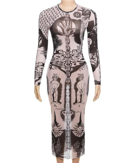 Unleash Your Edge: Mystical Art Print Sheer Mesh Maxi Dress - Fall & Halloween Ready