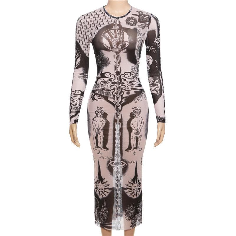 Unleash Your Edge: Mystical Art Print Sheer Mesh Maxi Dress - Fall & Halloween Ready