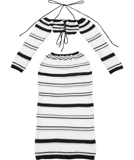 Effortless Fall Style: Striped Knit Maxi Skirt & Lace-Up Off-Shoulder Top Set