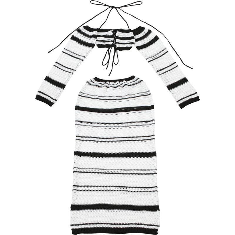 Effortless Fall Style: Striped Knit Maxi Skirt & Lace-Up Off-Shoulder Top Set