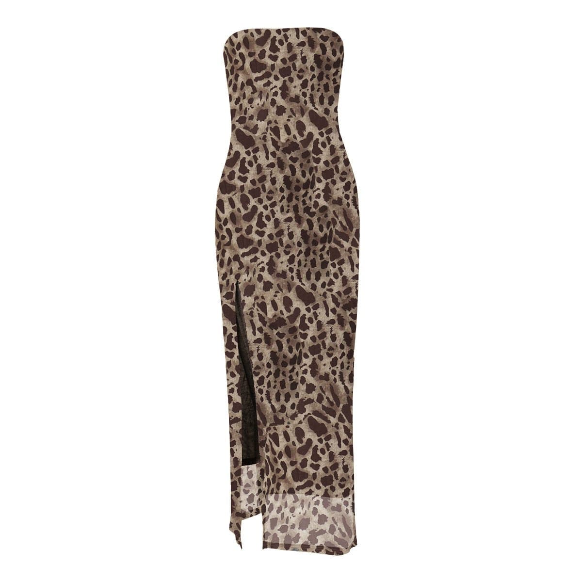 Sultry Leopard Print Mesh Tube Midi Dress with High Slit - Fall & Holiday Party Ready