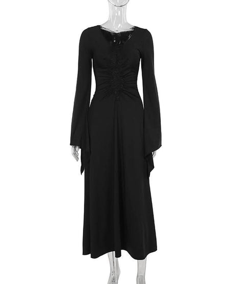 Enchanted Bell Sleeve Black Maxi Dress | Gothic V-Neck Embroidery for Fall & Halloween
