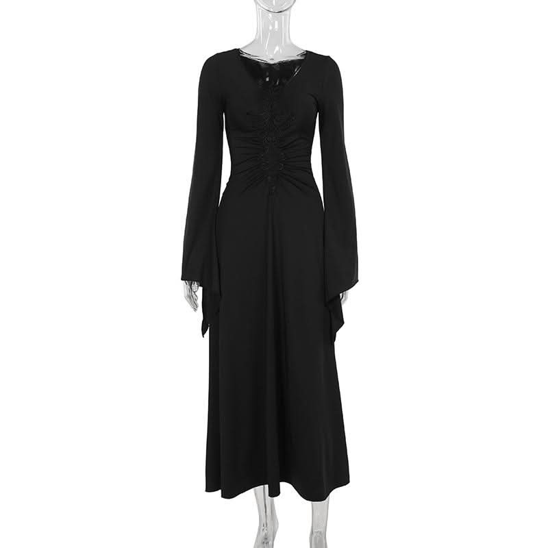 Enchanted Bell Sleeve Black Maxi Dress | Gothic V-Neck Embroidery for Fall & Halloween