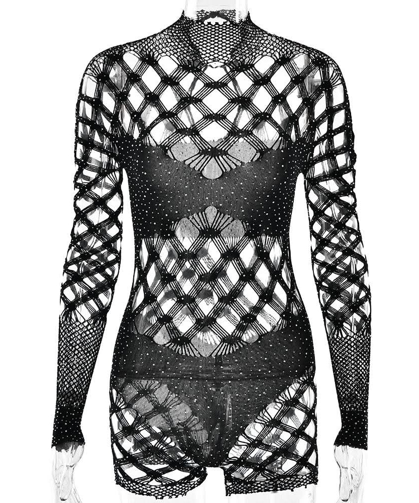 Halloween & Holiday Glam: Dazzling Rhinestone Fishnet Long Sleeve Romper