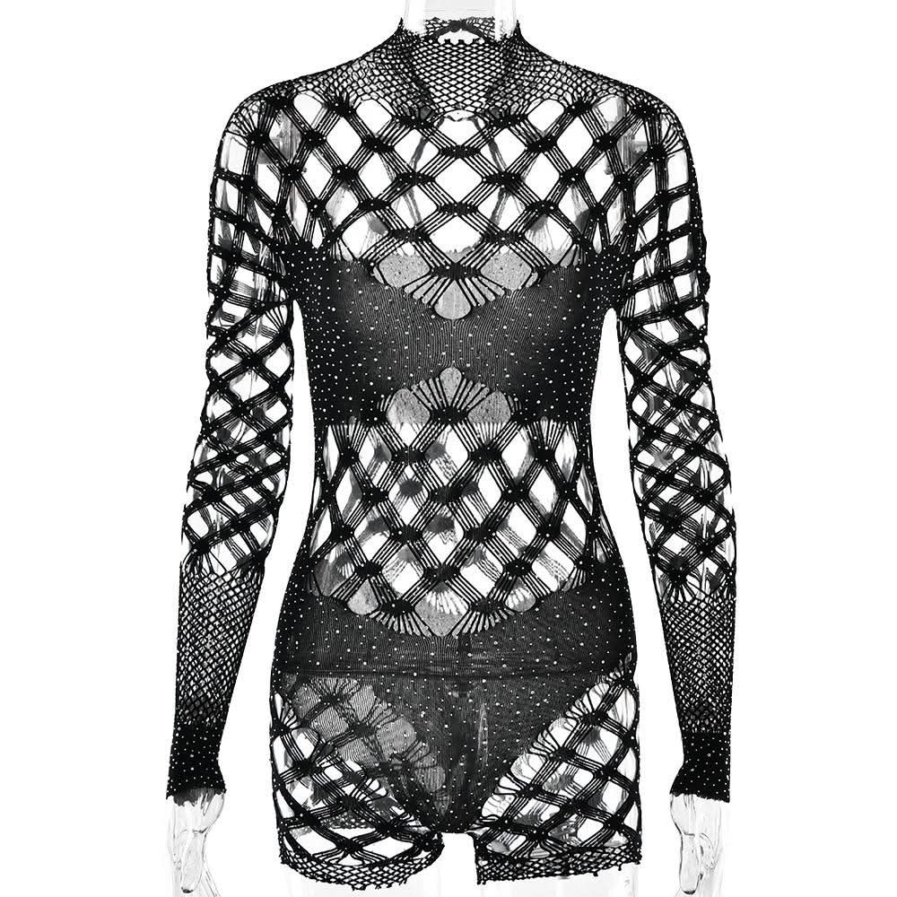 Halloween & Holiday Glam: Dazzling Rhinestone Fishnet Long Sleeve Romper