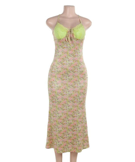 Golden Hour Glam: Autumn Bloom Floral Maxi Dress with Zesty Lime Lace Sweetheart Top