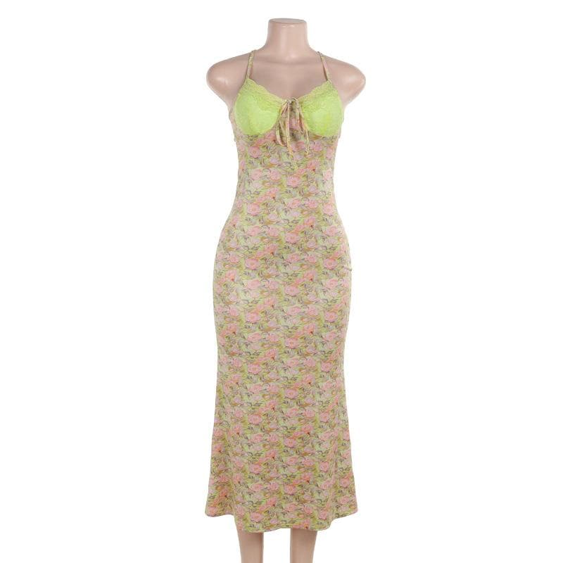 Golden Hour Glam: Autumn Bloom Floral Maxi Dress with Zesty Lime Lace Sweetheart Top