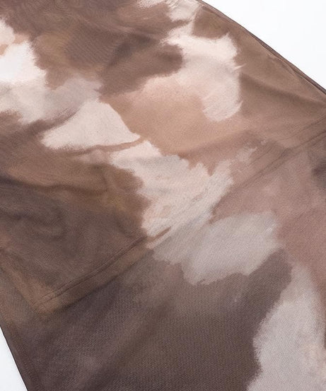 Fall Chic "Latte Haze" Ruched Mesh Tie-Dye Midi Dress for Women