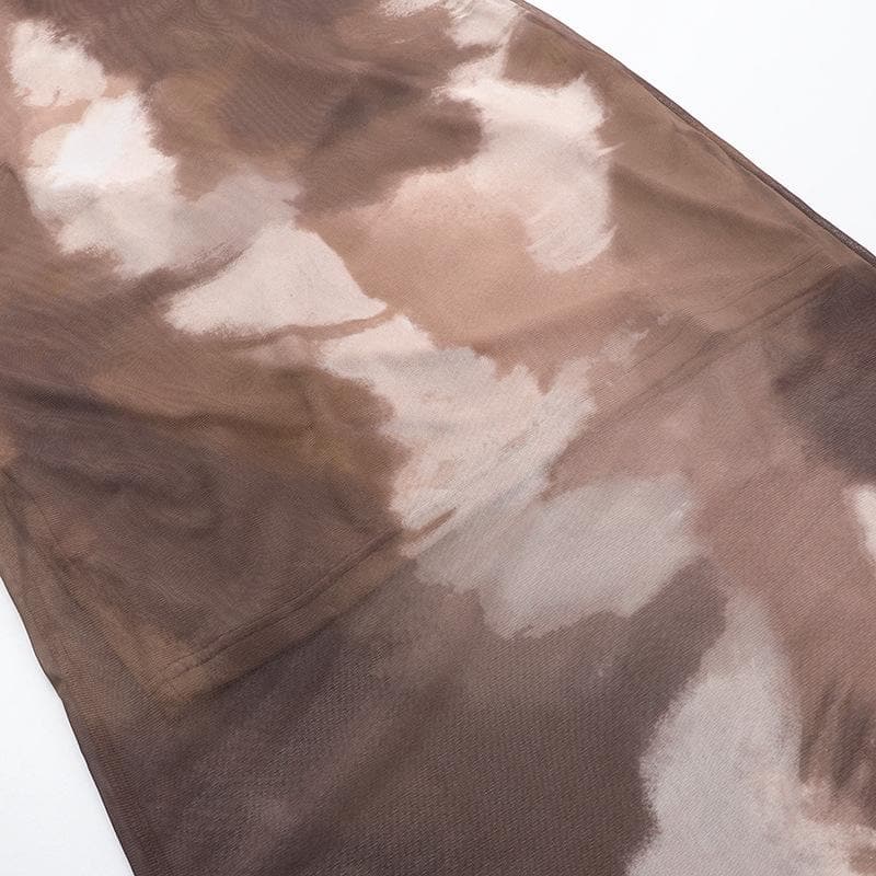 Fall Chic "Latte Haze" Ruched Mesh Tie-Dye Midi Dress for Women