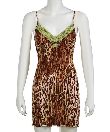 Sultry Leopard Print Cami Mini Dress | Green Lace Trim & Bow | Y2K Fall Fashion
