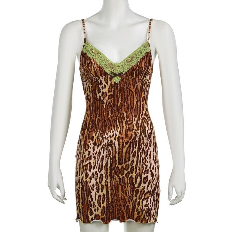 Sultry Leopard Print Cami Mini Dress | Green Lace Trim & Bow | Y2K Fall Fashion