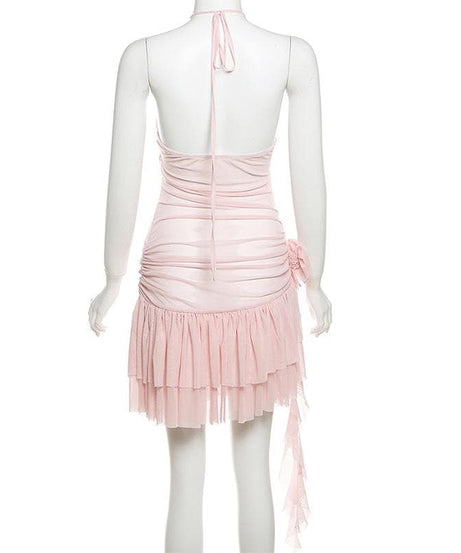 Coquette Dream Pink Halter Mini Dress | Sheer Mesh & Ruffle Flowers for Fall Parties
