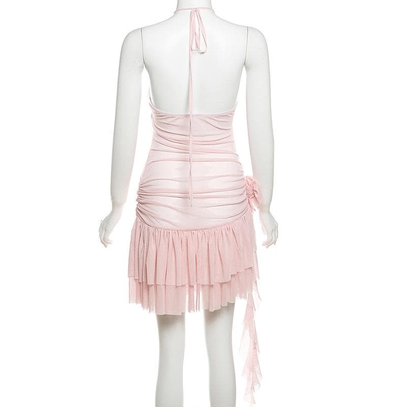 Coquette Dream Pink Halter Mini Dress | Sheer Mesh & Ruffle Flowers for Fall Parties