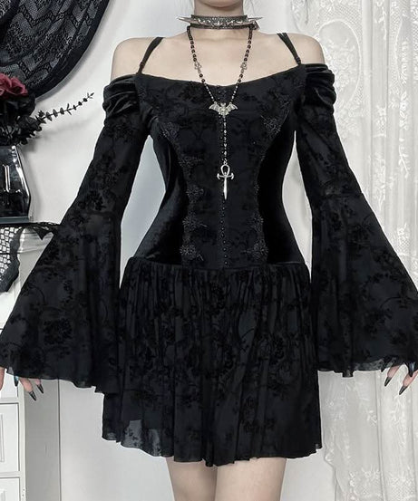 Slay the Night: Gothic Velvet Off-Shoulder Mini Dress - Dramatic Flared Sleeves for Halloween & Fall Parties
