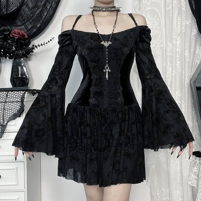 Slay the Night: Gothic Velvet Off-Shoulder Mini Dress - Dramatic Flared Sleeves for Halloween & Fall Parties