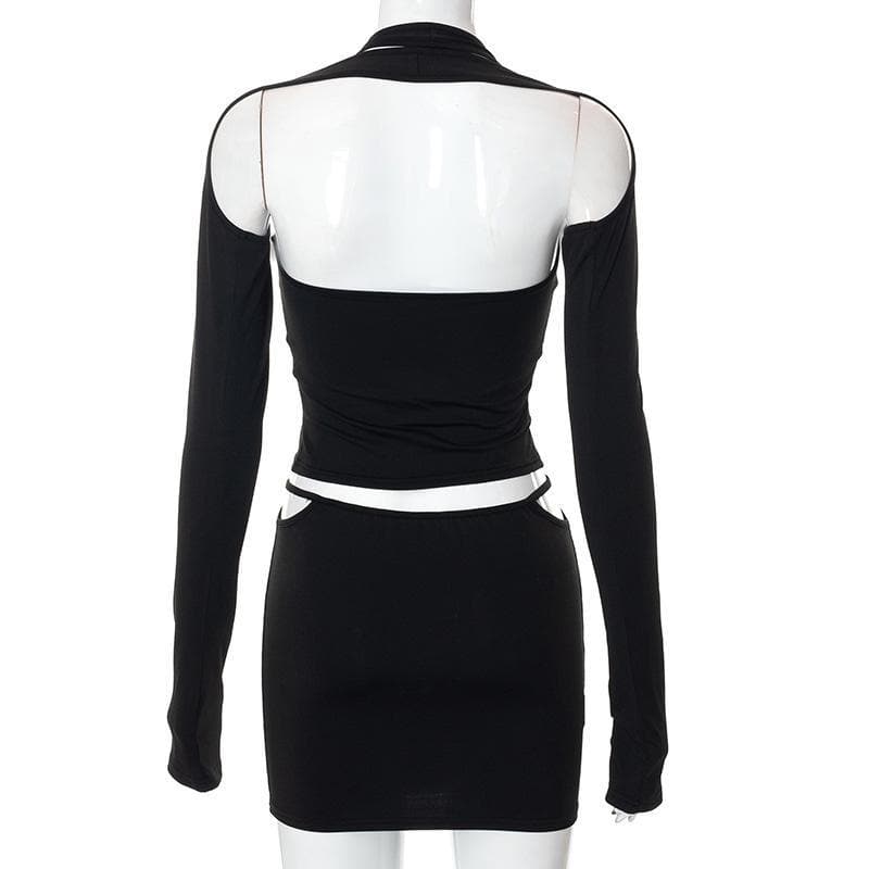 Dark Romance Halter Long Sleeve & Cutout Mini Skirt Set - Your Edgy Fall Night Out Look