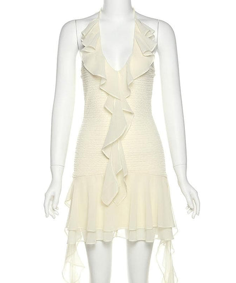 Effortless Elegance: White Ruffle Halter Mini Dress for Fall Parties & Getaways