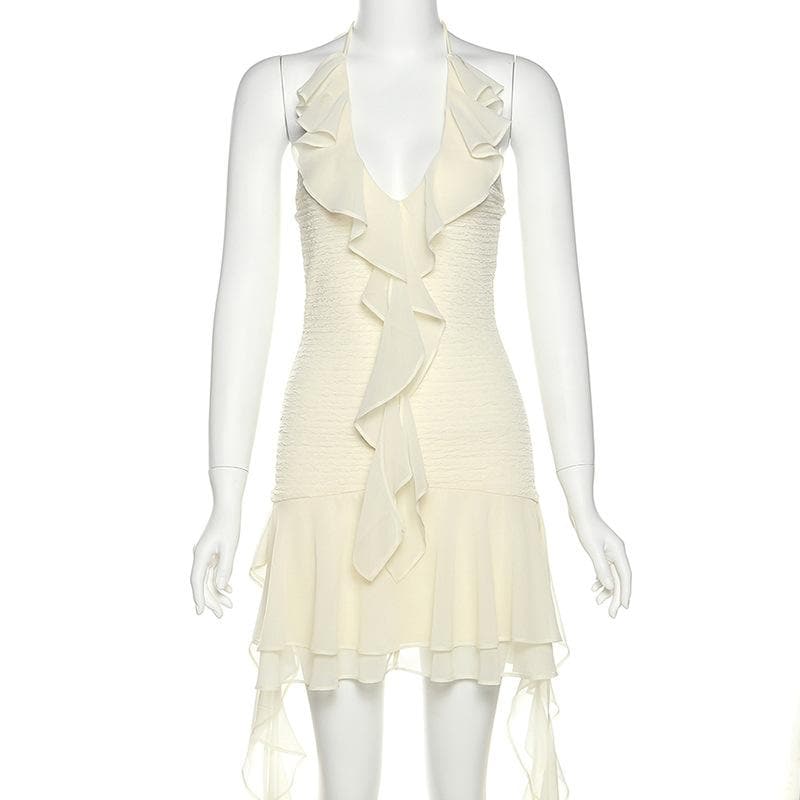 Effortless Elegance: White Ruffle Halter Mini Dress for Fall Parties & Getaways