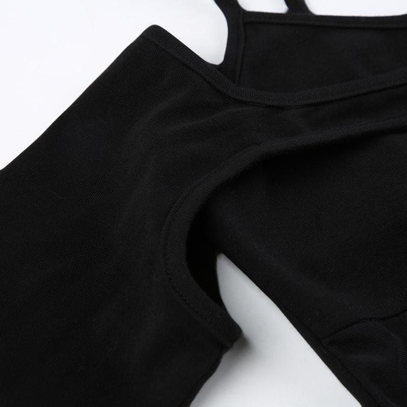 Edgy Y2K Buckle Mesh Bodysuit & Off-Shoulder Shrug Set - Perfect for Fall Nights Out