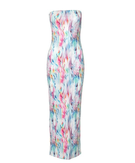 Vibrant Abstract Ripple Print Strapless Bodycon Maxi Dress - High Slit & Backless for Fall & Holiday Glam