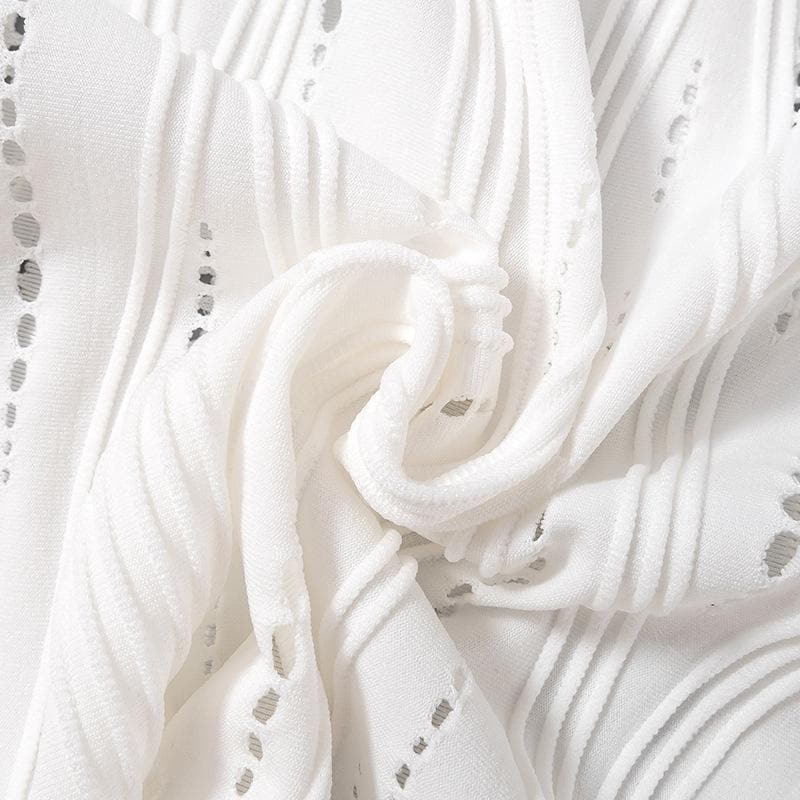 Effortless White Knit Resort Set: Chic High Neck Crop Top & Flared Pants for Your Fall/Winter Getaway
