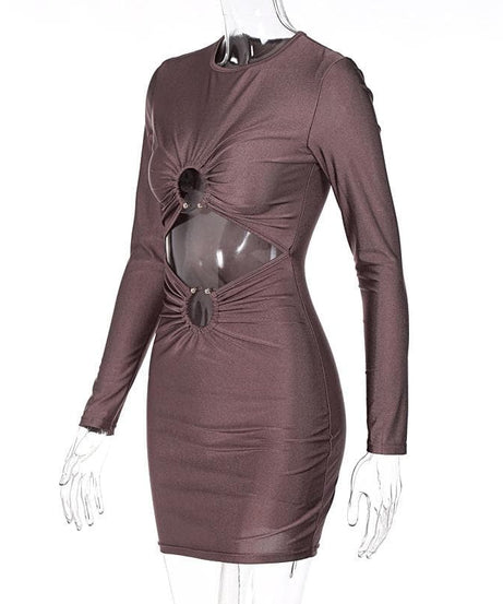 Fall Party Ready: Chic O-Ring Cutout Long Sleeve Mini Dress | Bodycon Ruched Style
