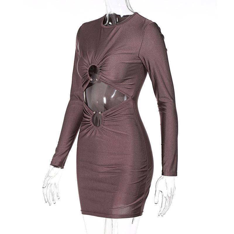 Fall Party Ready: Chic O-Ring Cutout Long Sleeve Mini Dress | Bodycon Ruched Style