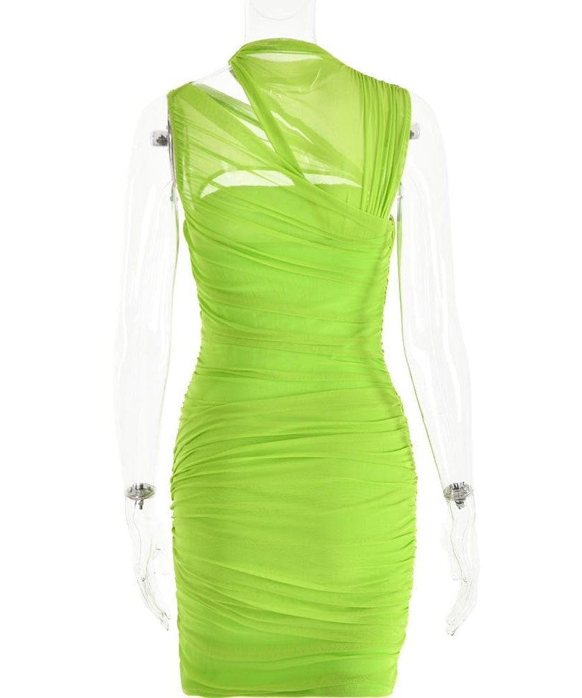 Electric Lime Ruched Mini Dress | Mesh Cutout Bodycon for Fall Parties